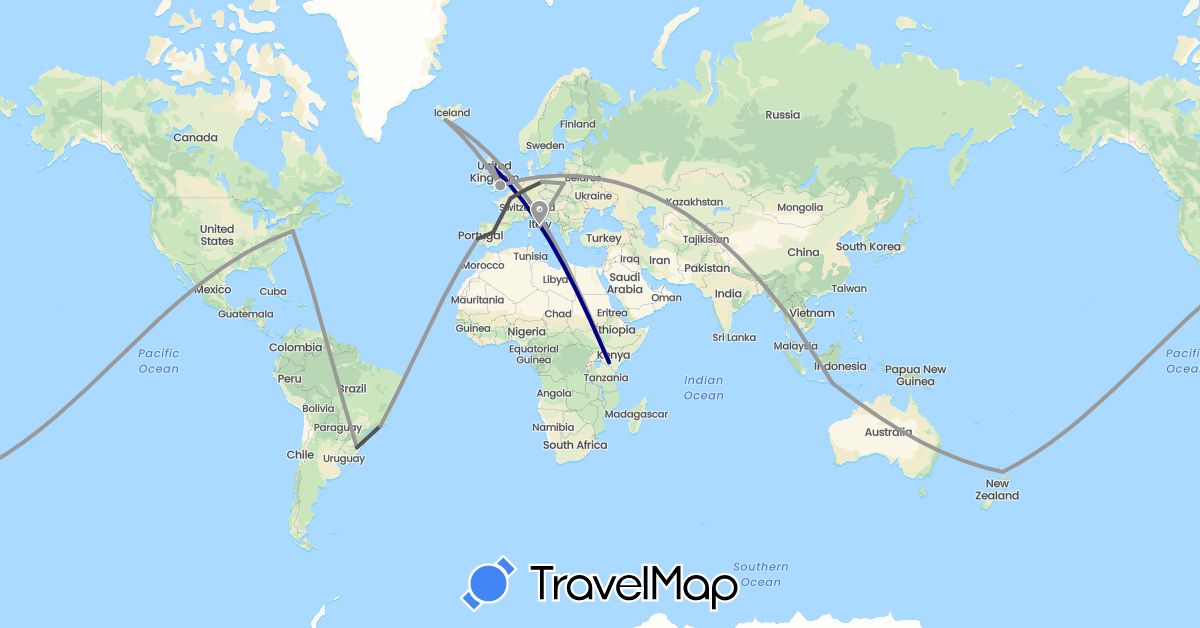 TravelMap itinerary: driving, plane, motorbike in Brazil, Germany, Spain, France, United Kingdom, Indonesia, Iceland, Italy, Kenya, Mexico, New Zealand, Poland, Portugal, Thailand, United States (Africa, Asia, Europe, North America, Oceania, South America)